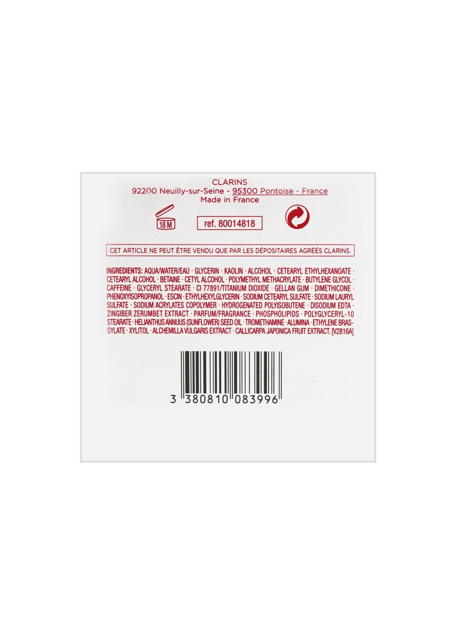 Clarins V Facial Instant Depuffing Face Mask All Skin Types 2.5 OZ