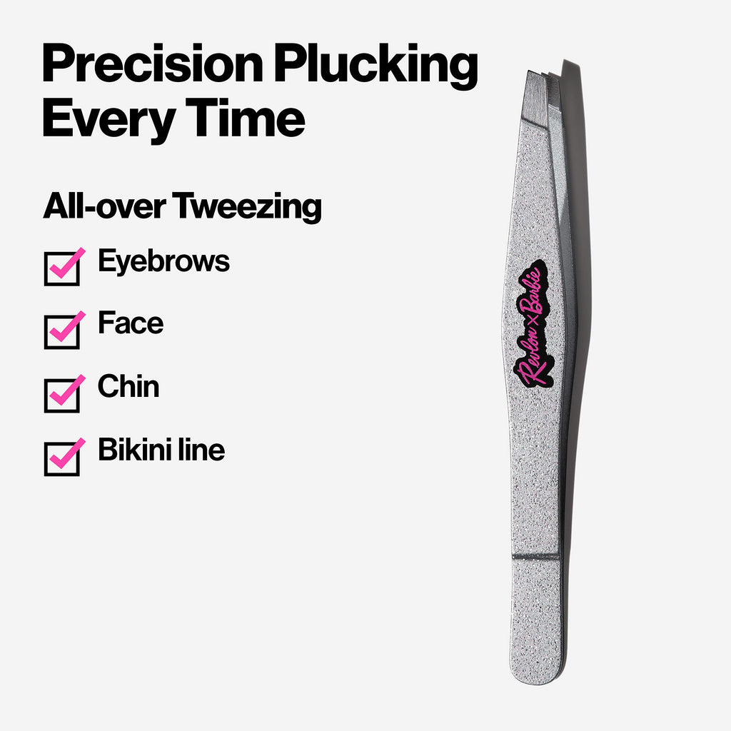 Revlon x Barbie Slant Tip Tweezer, Stainless Steel Hair Removal Makeup Tool