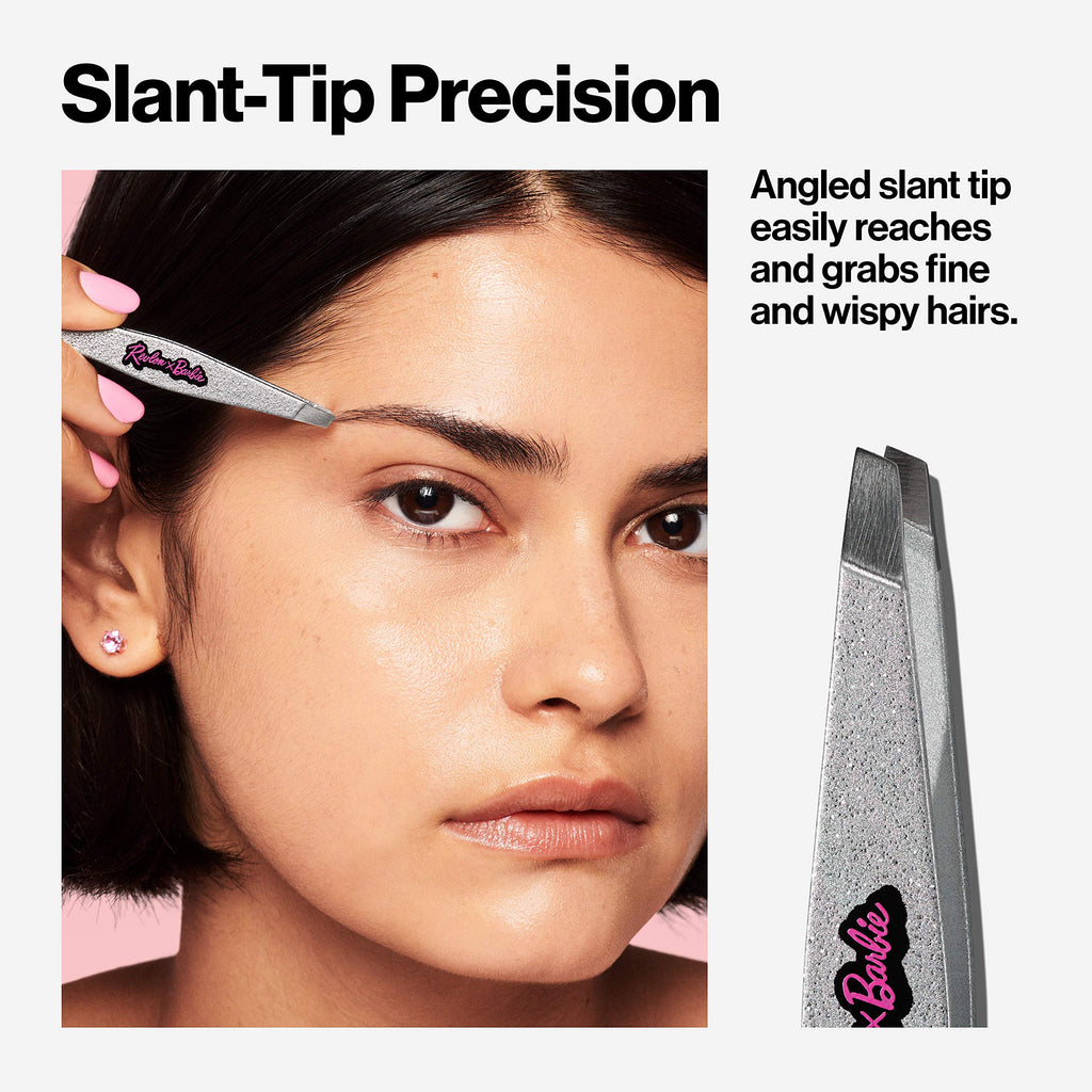 Revlon x Barbie Slant Tip Tweezer, Stainless Steel Hair Removal Makeup Tool